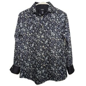 Chaps Women's Floral Collared Navy Button Down No Iron Blouse Size S/P